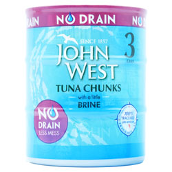 JOHN WEST NO DRAIN TUNA CHUNKS BRINE 3PK