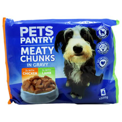 PETS PANTRY MEATY CHUNKS GRAVY POUCH 4PK