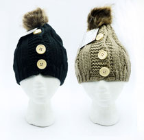 Hat Ladies' Toque W/Buttons & Pom Pom